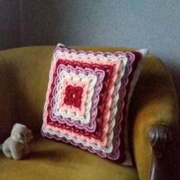 Hand Crochet Knit Pillow Cover Red, White & Pink Decorative Cushion - thumbnail 3