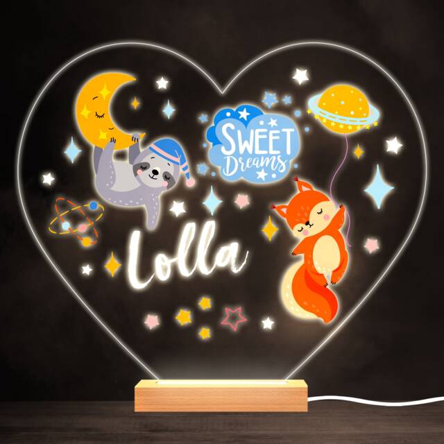 Sleeping Fox & Sloth Colourful Heart Personalised Gift Led Lamp Night Light - Bedroom - image 1