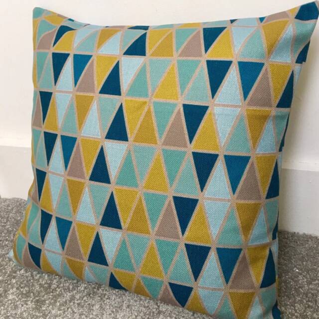 Pre-Order Teal Blue & Mustard Yellow Geometric Triangles Cushion Cover 18 X 18