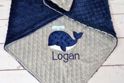 Personalized Minky Baby Blanket-Whale Baby Blanket-Whale Blanket-Minky Whale Blanket-Monogrammed Blanket - thumbnail 1