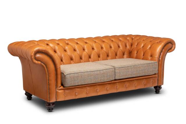 Chesterfield Belmont Real Leather Two/Three Seater Sofa Tan & Harris Tweed - image 1