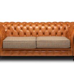 Chesterfield Belmont Real Leather Two/Three Seater Sofa Tan & Harris Tweed - thumbnail 2