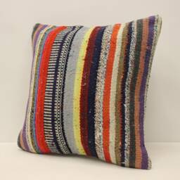 Vintage Turkish Kilim Pillow Cover, 18x18 Wool Throw - thumbnail 3