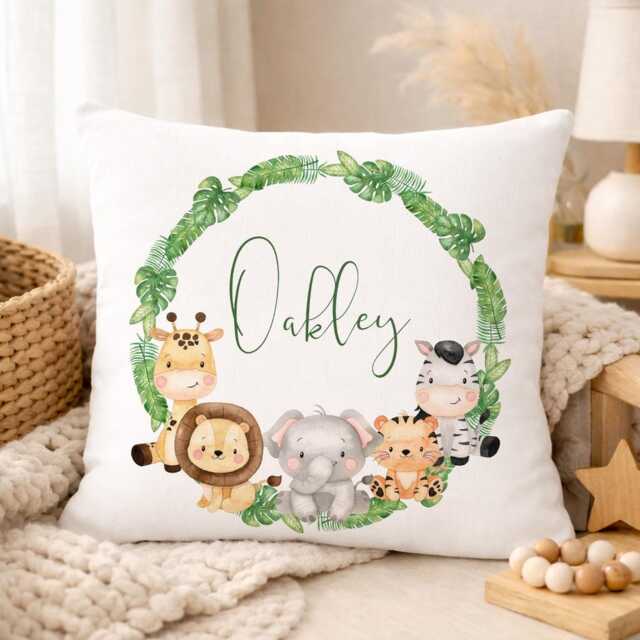 Personalised Baby Cushion Uk, Safari Animal Nursery Pillow, Custom Name Cover, Shower Gift, Jungle Decor - image 1