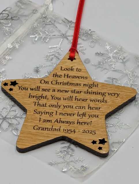 Personalised Memorial Christmas Star Ornament, Engraved Oak Wood Decoration - image 1