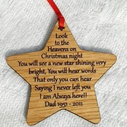 Personalised Memorial Christmas Star Ornament, Engraved Oak Wood Decoration - thumbnail 2