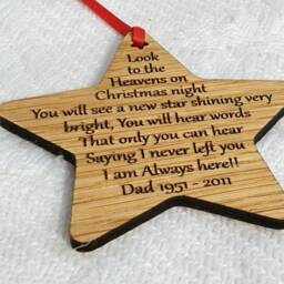 Personalised Memorial Christmas Star Ornament, Engraved Oak Wood Decoration - thumbnail 3