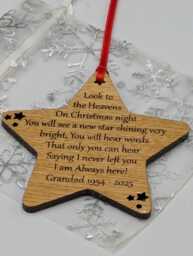Personalised Memorial Christmas Star Ornament, Engraved Oak Wood Decoration - thumbnail 1