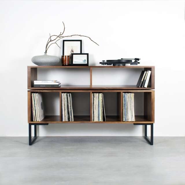 "Large Solid Walnut Vinyl Storage Dj Turntable Stand, Minimalist Style, On Square Frame Legs ""Technic Stand" - image 1