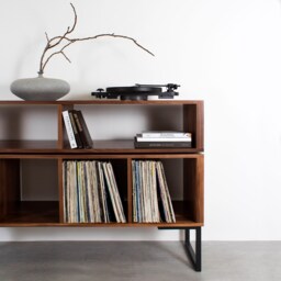 "Large Solid Walnut Vinyl Storage Dj Turntable Stand, Minimalist Style, On Square Frame Legs ""Technic Stand" - thumbnail 2