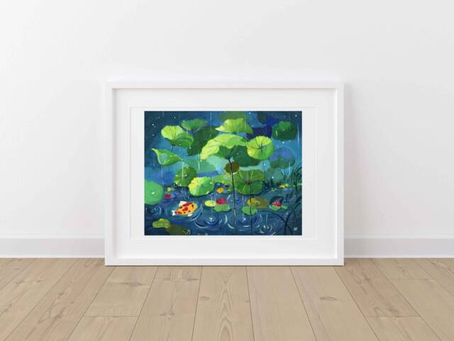 Koi Fish Gouache Art Print Rainy Lily Pond Landscape - image 1