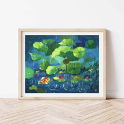 Koi Fish Gouache Art Print Rainy Lily Pond Landscape - thumbnail 2