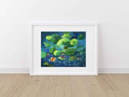 Koi Fish Gouache Art Print Rainy Lily Pond Landscape - thumbnail 1