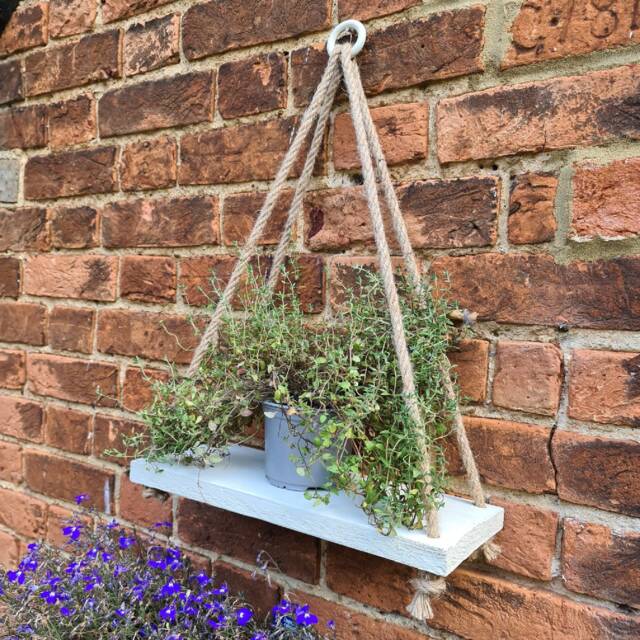 Rustic Hanging Wood Shelf Off-White Rope Plant Holder - image 1