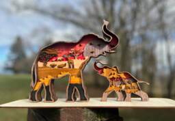 3D Layered Elephant Family Wood Art Wildlife Nursery Decor - thumbnail 1