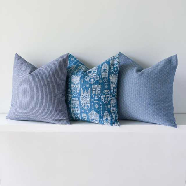 Blue & White Cushion Set, Striped, Aztec Mask, Cotton Kapok Inserts - image 1