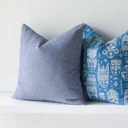 Blue & White Cushion Set, Striped, Aztec Mask, Cotton Kapok Inserts - thumbnail 2
