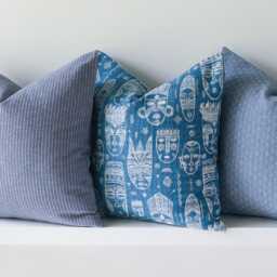 Blue & White Cushion Set, Striped, Aztec Mask, Cotton Kapok Inserts - thumbnail 3