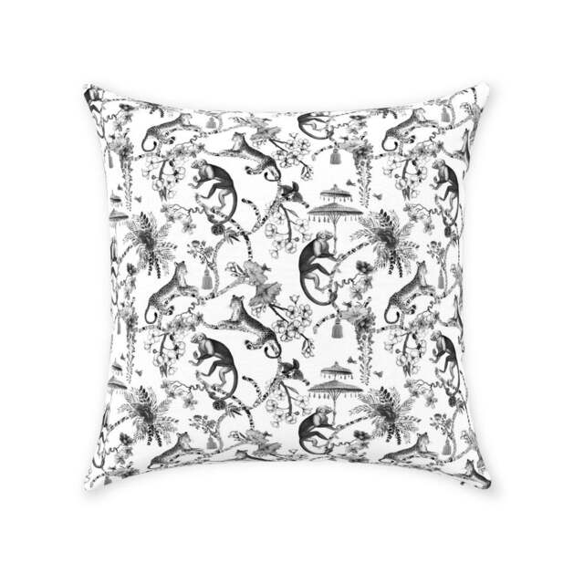 Chinoiserie Monkey Pillow Cover - Pure Cotton Twill Print Fabric Vintage Exotic Tropical Jungle Design Black White Decorative Cushion - image 1