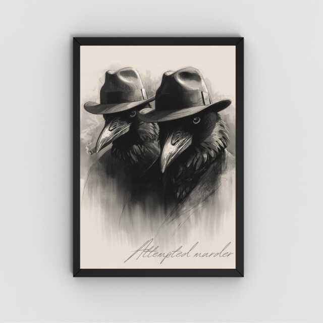 Crow Print Poster, Gothic Wall Art, Dark Decor, Film Noir Print, Corvid Attempted Murder A4 - image 1