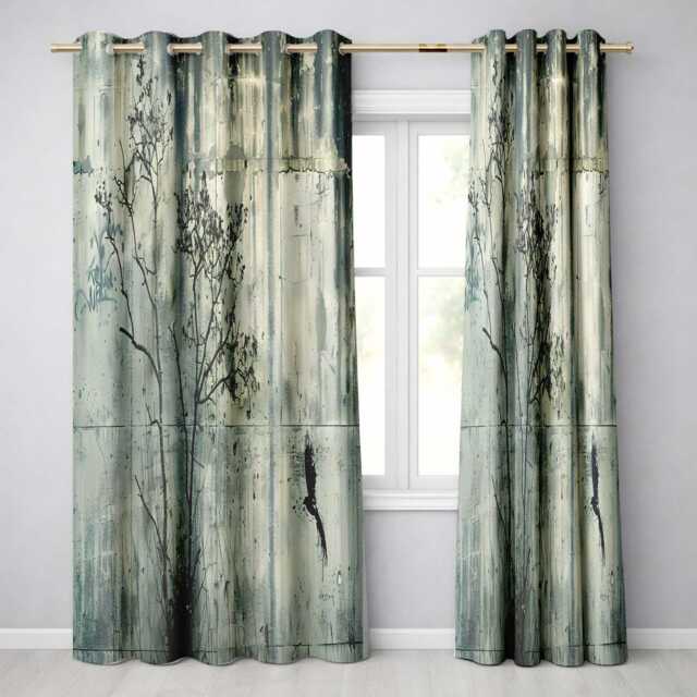Bare Tree & Flying Bird Grey Grunge Vibrant Unique Design For Modern Home Decor Readymade Eyelet Ring Top Thermal 100% Blackout Curtains - image 1