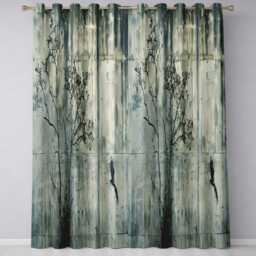 Bare Tree & Flying Bird Grey Grunge Vibrant Unique Design For Modern Home Decor Readymade Eyelet Ring Top Thermal 100% Blackout Curtains - thumbnail 3