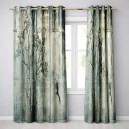 Bare Tree & Flying Bird Grey Grunge Vibrant Unique Design For Modern Home Decor Readymade Eyelet Ring Top Thermal 100% Blackout Curtains - thumbnail 1