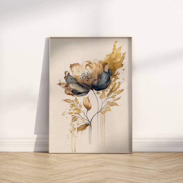 Gold Flower Art Print Botanical Filigree, Neutral Home Decor - image 1