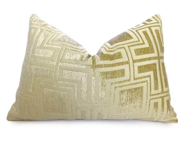 Velvet Greek Key Pillow Cover Buttercup Gold Yellow 12x18 Inch