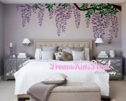 Hanging 3-Colored Leaves Wall Decal For Baby Girl Nursery, Vines Decal, Butterflies Sticker-Tree Branch Decals-Dk207