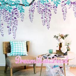 Hanging 3-Colored Leaves Wall Decal For Baby Girl Nursery, Vines Decal, Butterflies Sticker-Tree Branch Decals-Dk207 - thumbnail 3
