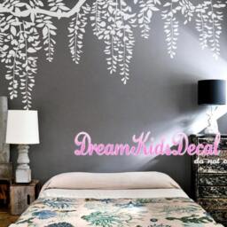 Hanging 3-Colored Leaves Wall Decal For Baby Girl Nursery, Vines Decal, Butterflies Sticker-Tree Branch Decals-Dk207 - thumbnail 2