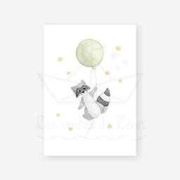 Baby Sky Poster, Watercolor Illustration, Raccoon, Balloon, Stars, Nursery Decoration, Forest Animal Poster - thumbnail 3