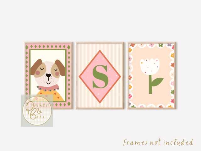 Bright Personalised Girls Initial, Dog & Flower Prints. Perfecr For A Room, Nursery Or Playroom - Prints Only, Unframed - image 1