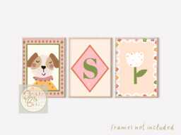 Bright Personalised Girls Initial, Dog & Flower Prints. Perfecr For A Room, Nursery Or Playroom - Prints Only, Unframed - thumbnail 1