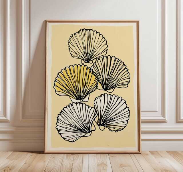 Seashell Line Art Print, Minimalist Coastal Wall Decor, Modern Beach Poster, Yellow & Cream Ocean Artwork, Scandinavian Style - image 1