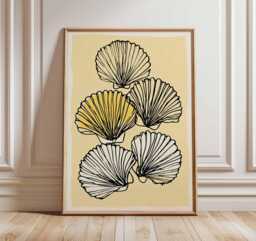 Seashell Line Art Print, Minimalist Coastal Wall Decor, Modern Beach Poster, Yellow & Cream Ocean Artwork, Scandinavian Style - thumbnail 1
