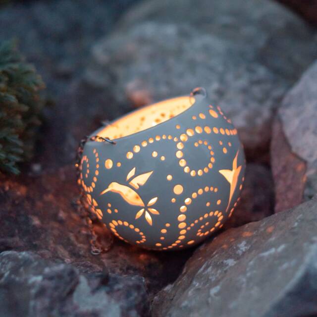 Hummingbird Hanging Tea Light Holder Carved Ceramic Patio Lantern - image 1