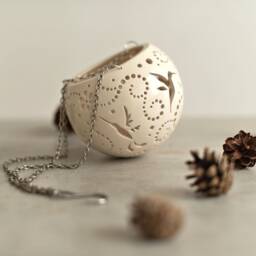 Hummingbird Hanging Tea Light Holder Carved Ceramic Patio Lantern - thumbnail 3