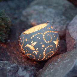 Hummingbird Hanging Tea Light Holder Carved Ceramic Patio Lantern - thumbnail 1
