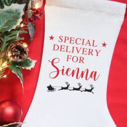 Personalised Kids Christmas Stocking, Special Delivery For Xmas Stocking Children Name, Santa Personalized, Reindeer Sack - thumbnail 2