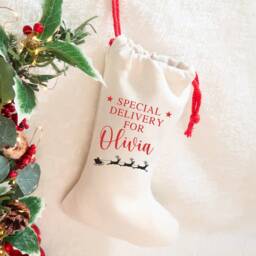 Personalised Kids Christmas Stocking, Special Delivery For Xmas Stocking Children Name, Santa Personalized, Reindeer Sack - thumbnail 3