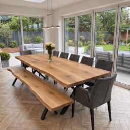 Firsby Xf Rustic Solid Oak Live Edge Dining Table, Industrial X Frame Steel Legs - thumbnail 3