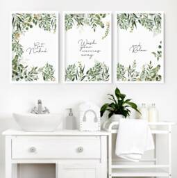 Bathroom Decor Wall Art Prints With Frames, Botanical Moss Green 3 Piece Prints, Spa Decor Framed Art, Relaxation Gift Women - thumbnail 1