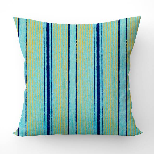 "Sky Blue Striped Cushion Cover Gold Accent Pillow 17""x17"