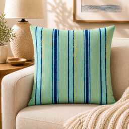 Blue Gold Striped Cushion Cover, Coastal Beach Pillow, Modern Nautical Home Decor - thumbnail 1