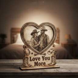 Personalized Western Picture Frame Engraved Wooden Heart Photo Holder Rustic Cowboy Cowgirl Couple Gift Country Style Tabletop Art - thumbnail 2