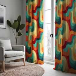 Retro Abstract Wavy Pattern Curtain, Bold Red, Blue, & Yellow Drapes, Modern Geometric Window Treatment, Custom Size Available - thumbnail 2