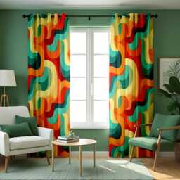 Retro Abstract Wavy Pattern Curtain, Bold Red, Blue, & Yellow Drapes, Modern Geometric Window Treatment, Custom Size Available - thumbnail 3