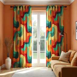 Retro Abstract Wavy Pattern Curtain, Bold Red, Blue, & Yellow Drapes, Modern Geometric Window Treatment, Custom Size Available